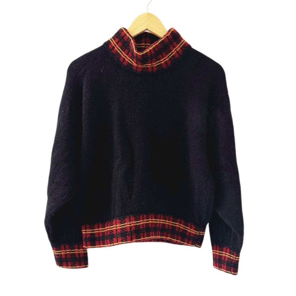 KOSHKA KNITWEAR Black Wool Sweater With Tartan Trim Made In Scotland Size M/L